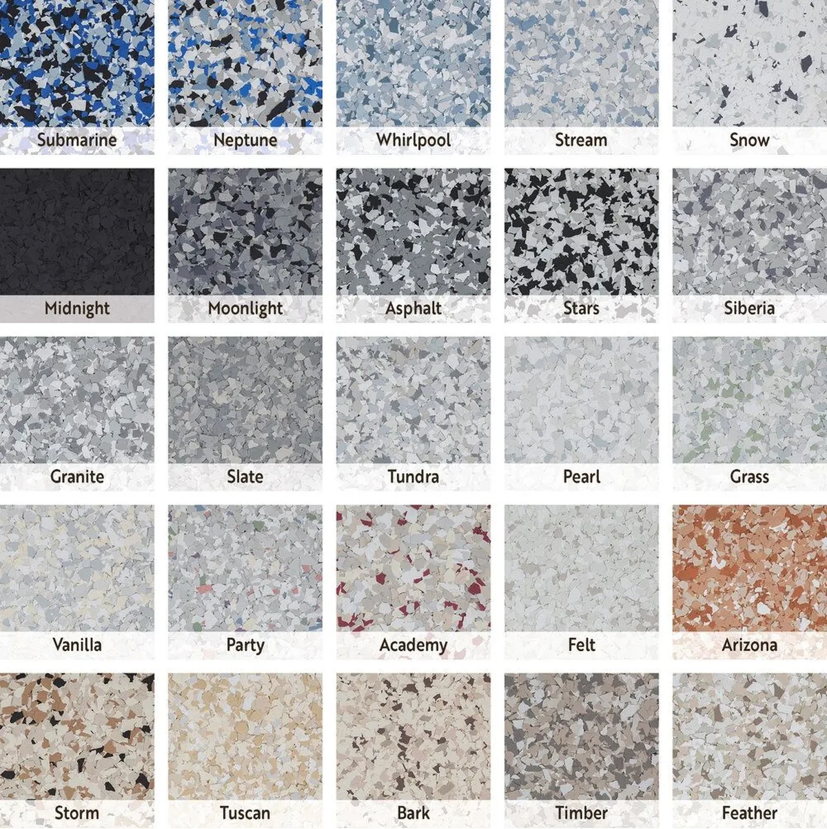 Flake blend library chart showing 25 named blends including Submarine, Neptune, Whirlpool, Midnight, Moonlight, Granite, Slate and Tuscan