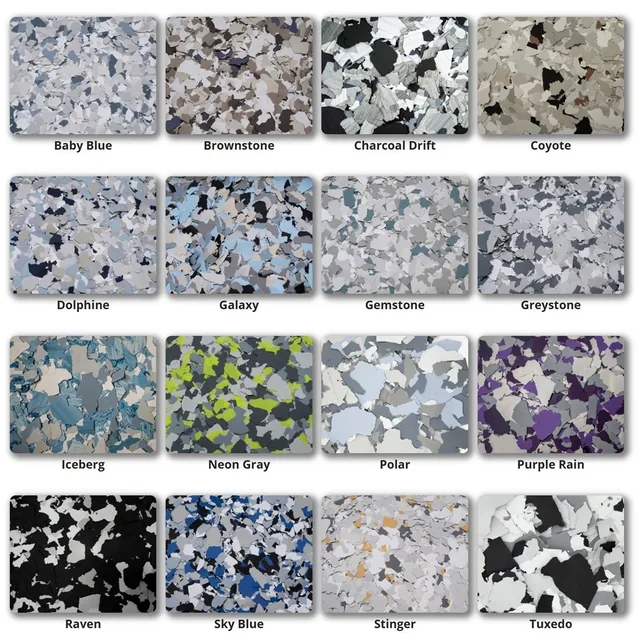Additional flake blend chart with sixteen named blends including Baby Blue, Brownstone, Charcoal Drift, Galaxy, Iceberg, Purple Rain and Tuxedo
